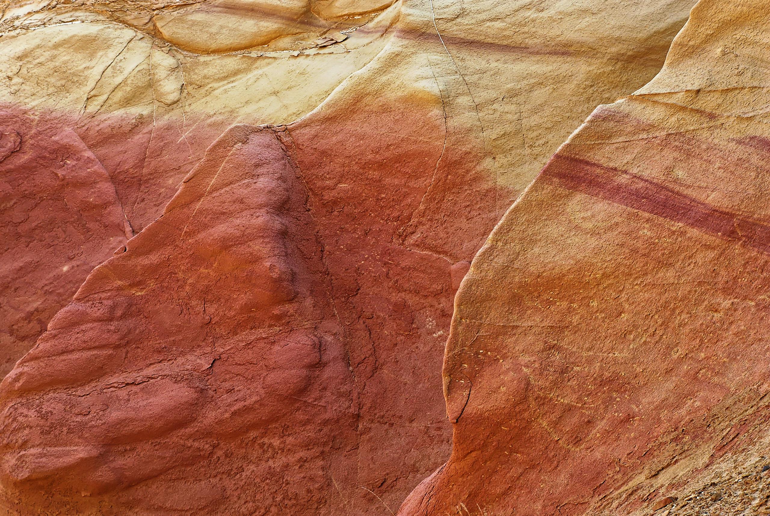 Detailed view of vibrant red and orange rock texture showcasing natural patterns.